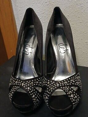 Deb Black Rhinestone Peep-Toe Stiletto Heels - Size 6